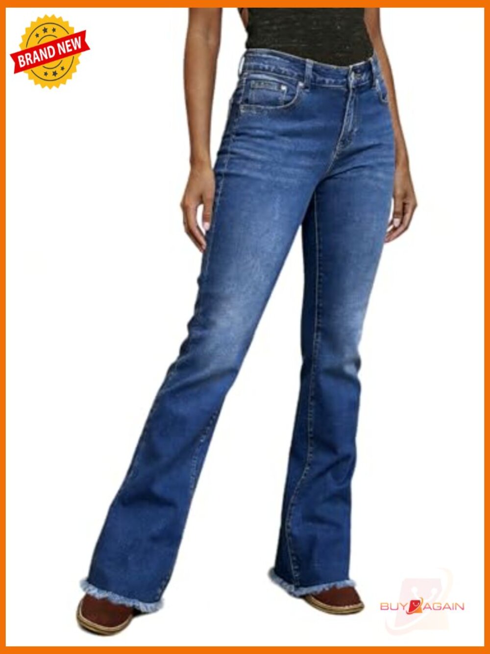 Mid Rise Boot Cut Stretchy Flare Jeans Raw Hem V Cut - Picture 4 of 5